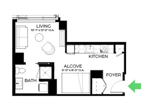 Floor plan for studio, 1 bath, 448 sqft
